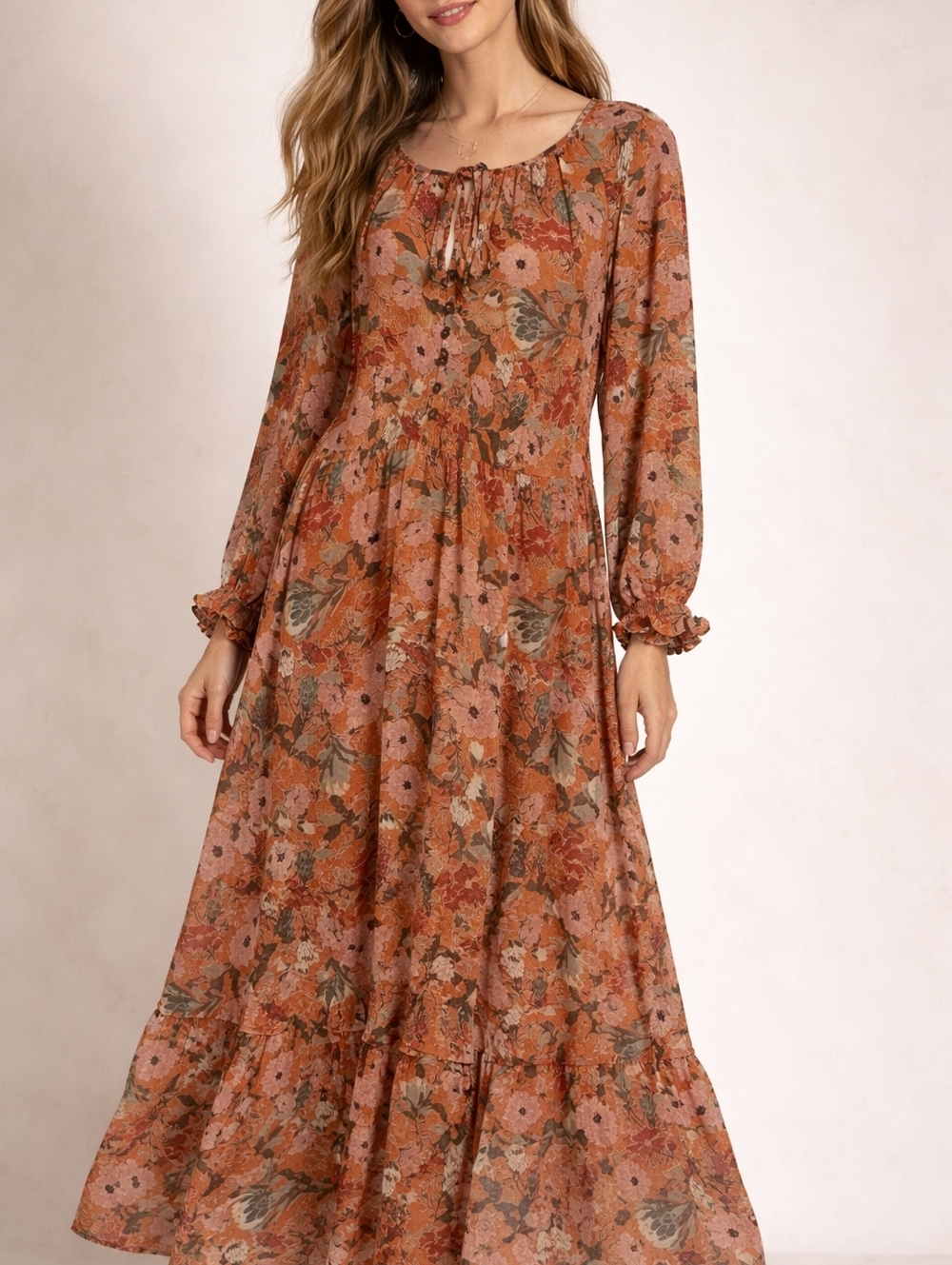 Kate And Sam Maxi Dress Orange Floral Sheer Back And Sleeves Sz XXL Feminine...